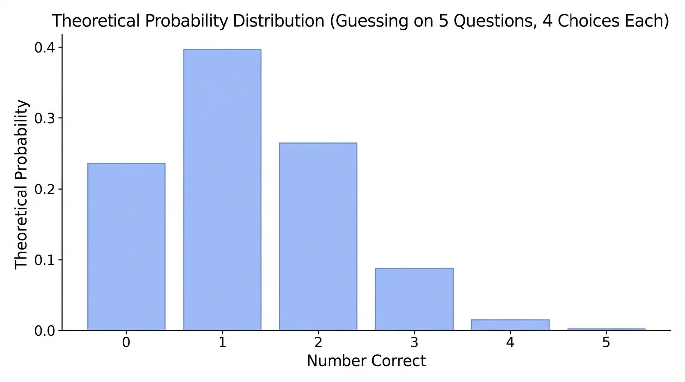bar chart with x-axis labeled number correct 0 to 5 and bar heights showing the theoretical probabilities for guessing on five four-choice questions