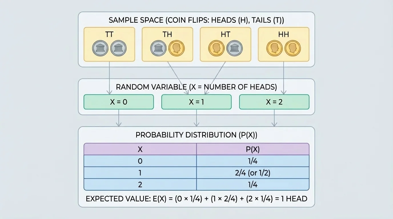 chart showing outcomes of two coin flips grouped by random variable values 0 heads, 1 head, and 2 heads