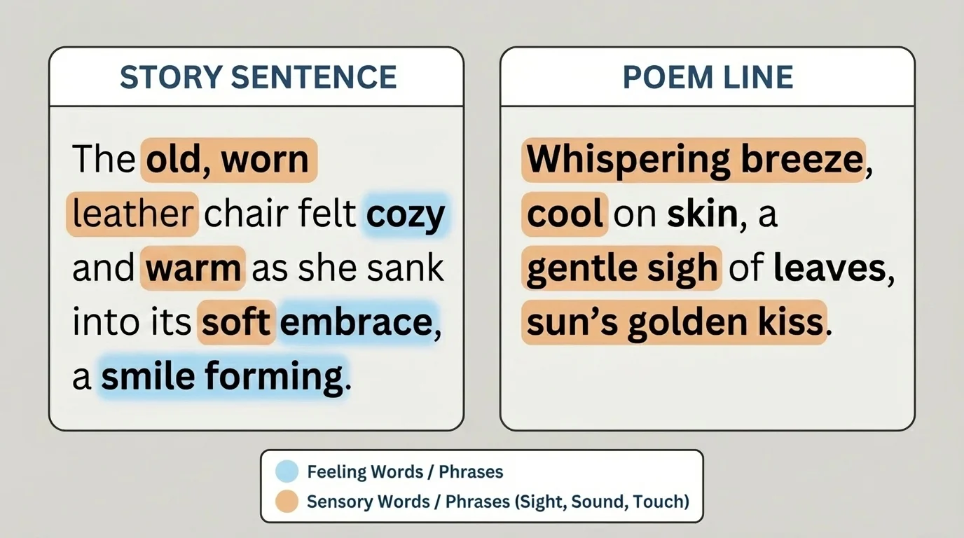 Side-by-side page comparison with one short story sentence and one short poem line, key feeling words and sensory words highlighted in color