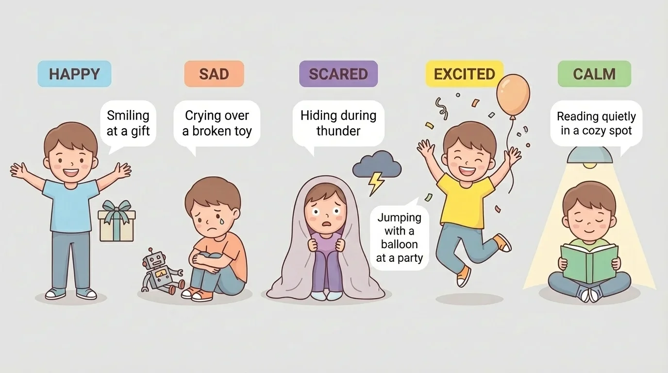 Child character with simple labeled expressions for happy, sad, scared, excited, and calm, each matched to a short clue such as smiling at a gift or hiding during thunder