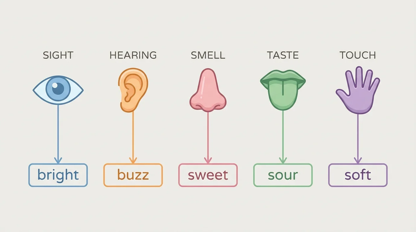 Five-senses chart with eye, ear, nose, tongue, and hand, each connected to sample words bright, buzz, sweet, sour, and soft