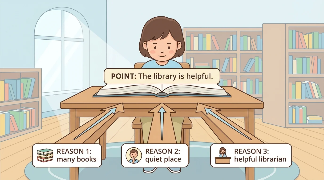 child in a library with labels showing one point 'The library is helpful' and three reasons 'many books,' 'quiet place,' and 'helpful librarian'