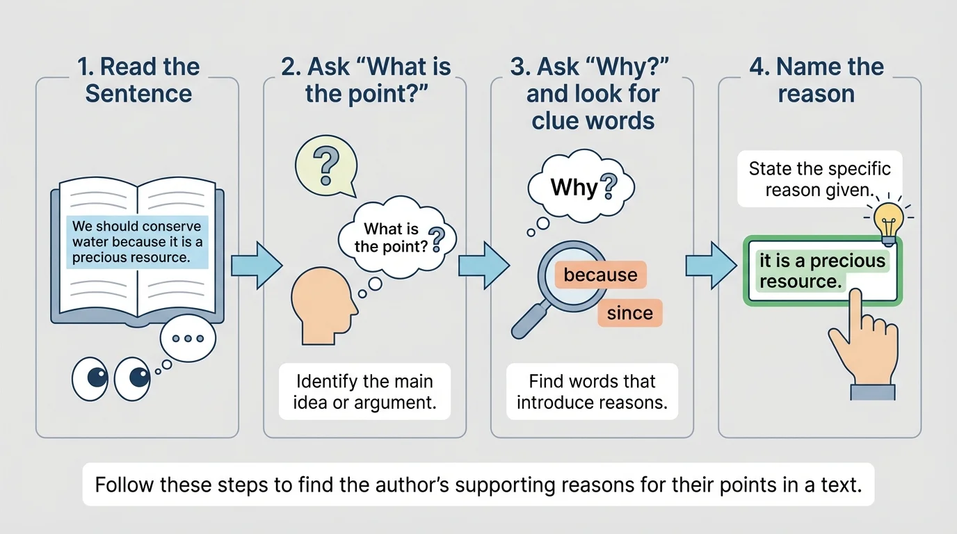 steps reading a short informational sentence, then ask 'What is the point?', ask 'Why?', look for clue words like because and since, and name the reason