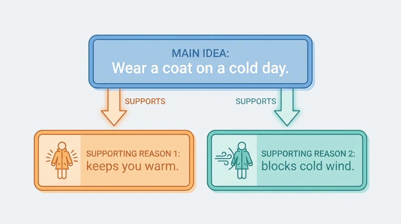 one big idea at the top, 'Wear a coat on a cold day,' with two supporting reasons underneath, 'keeps you warm' and 'blocks cold wind'