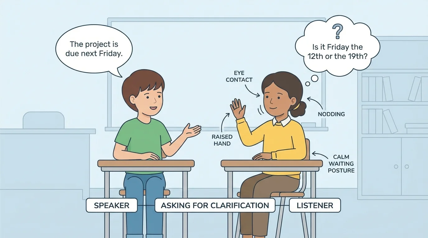 Child showing nodding, raised hand, eye contact, and calm waiting posture while another child speaks