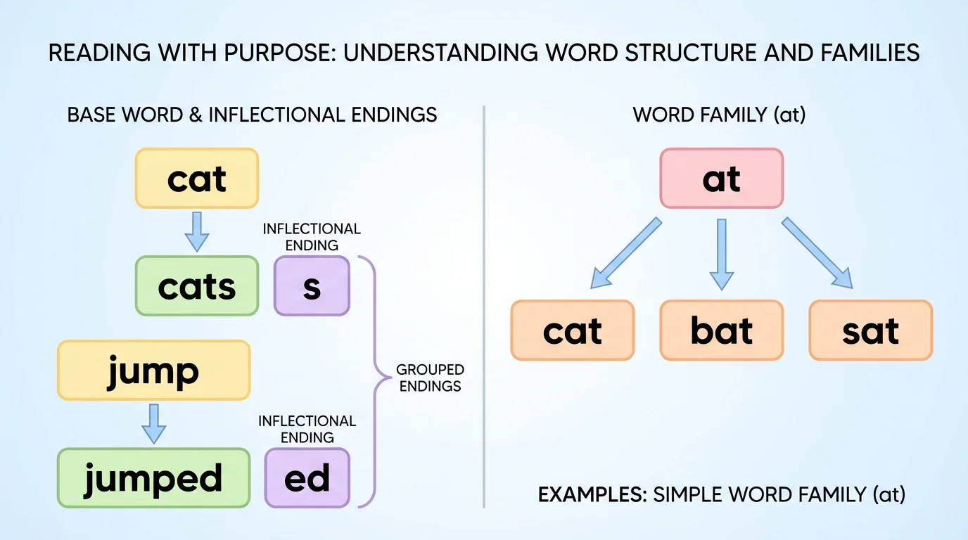 chart with base word cat leading to cats and simple word family examples at, cat, bat, sat with arrows and grouped endings like s and ed