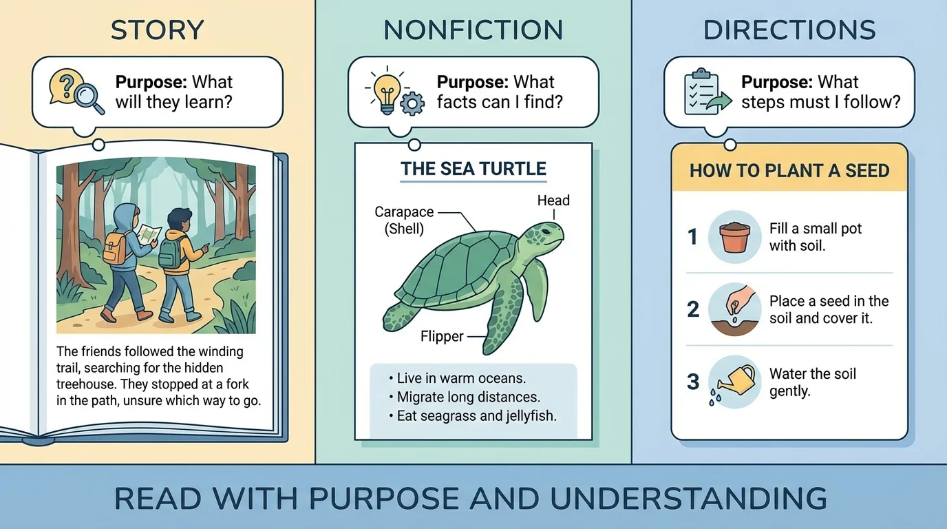 three-panel illustration showing a story page with characters, a nonfiction animal facts page with heading and labels, and a directions card with numbered steps