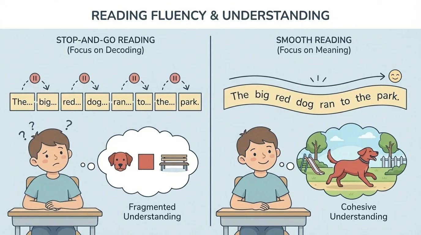 side-by-side illustration of one child reading in a stop-and-go way and another reading smoothly with expression from the same simple sentence strip