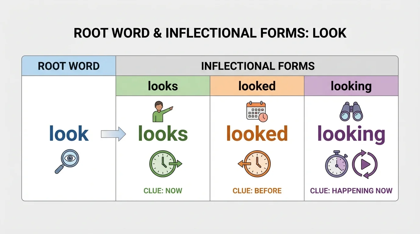 comparison chart showing look, looks, looked, looking with clues now, before, and happening now