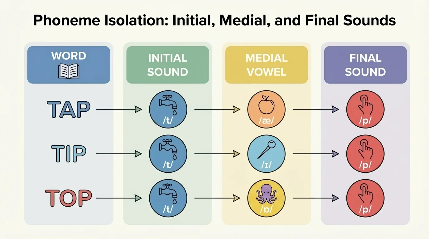 three-column comparison of tap, tip, and top with first sound same, middle vowel changed, and last sound same