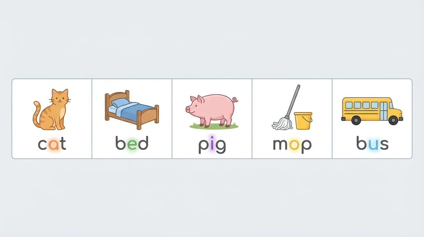 picture-word chart showing cat, bed, pig, mop, bus with the middle vowel sound highlighted in each word
