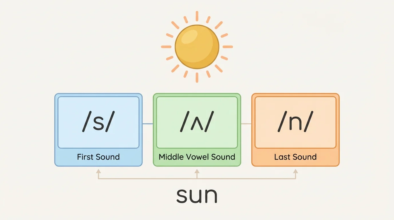three-box sound map for the word sun with simple picture of the sun and boxes labeled first sound, middle vowel sound, last sound