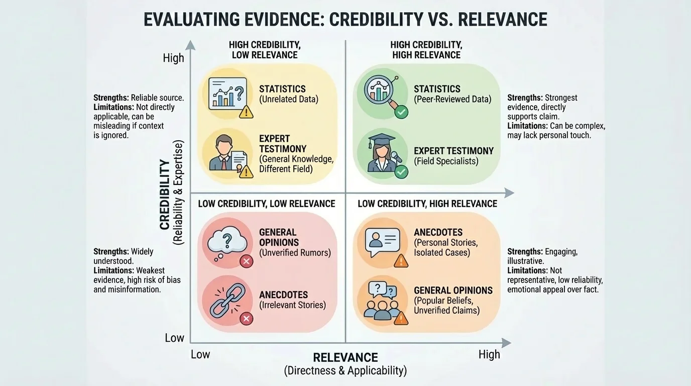 chart comparing statistics, expert testimony, anecdotes, and general opinions by credibility and relevance