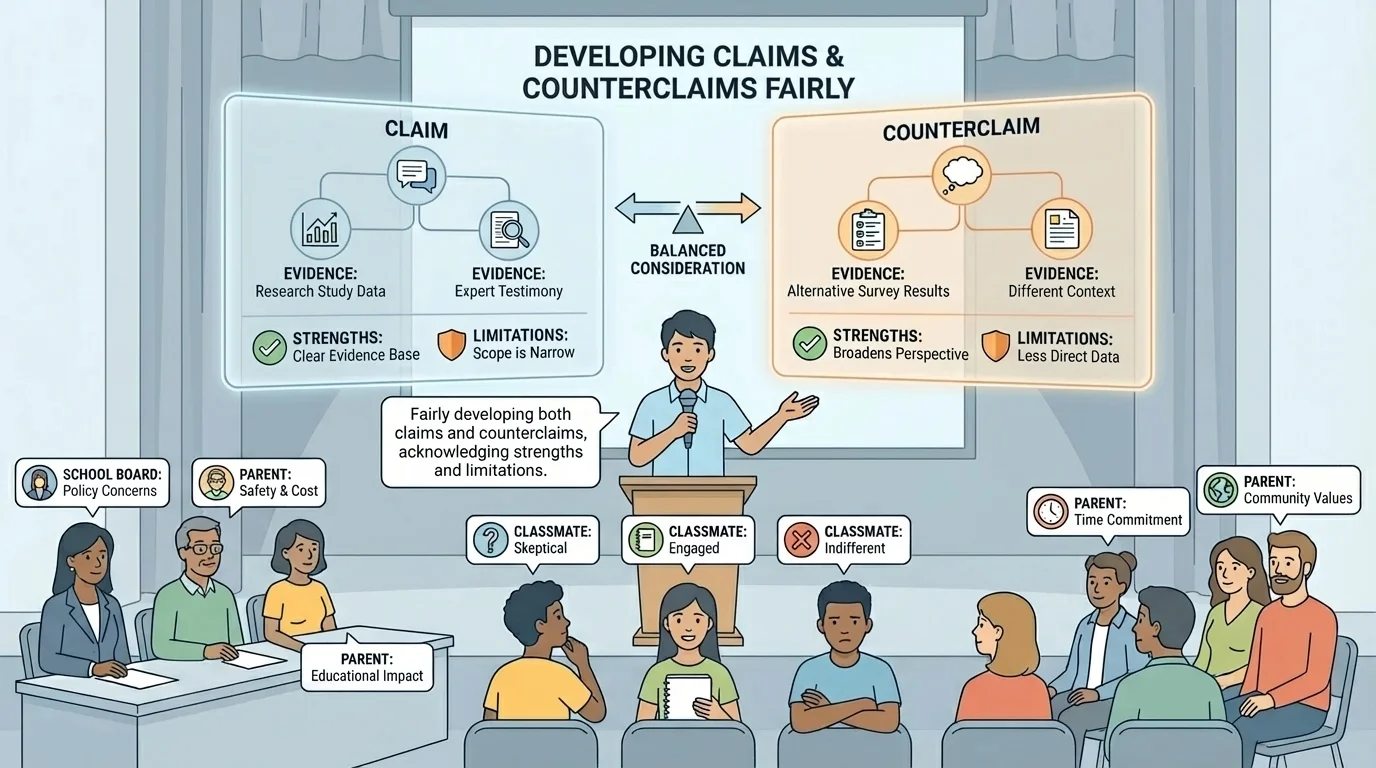 illustration of one student speaker addressing a school board, classmates, and parents with different concerns labeled