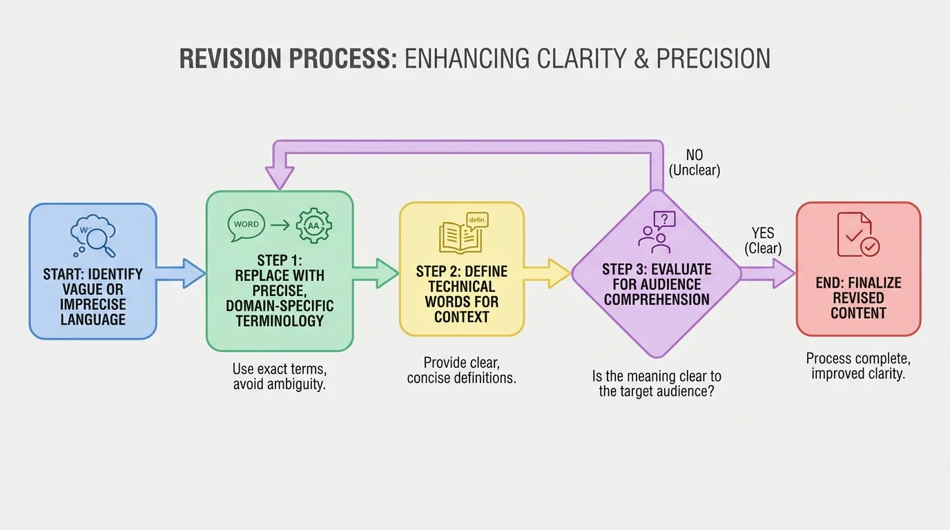 flowchart showing revision steps: identify vague word, replace with exact term, define technical word, test for audience clarity