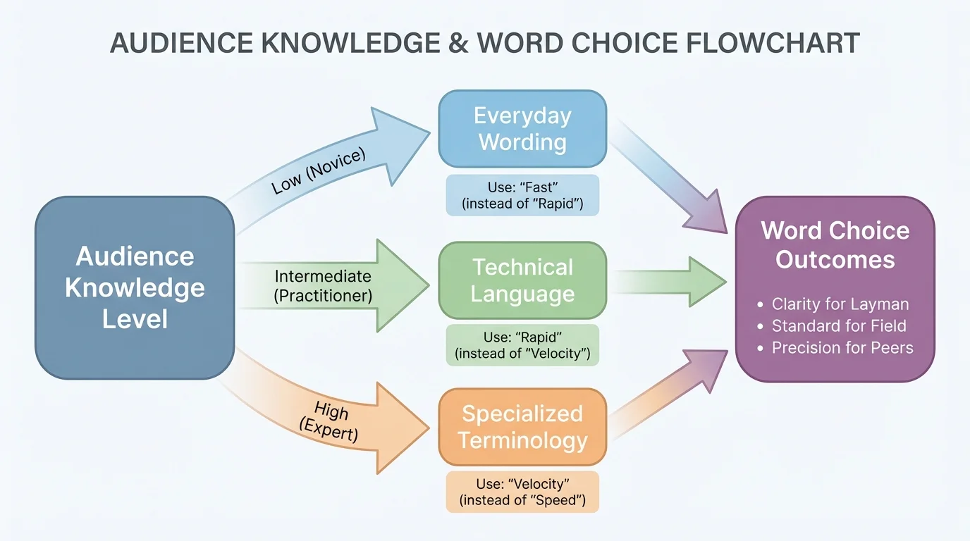 flowchart showing how audience knowledge affects word choice, from everyday wording to specialized terminology