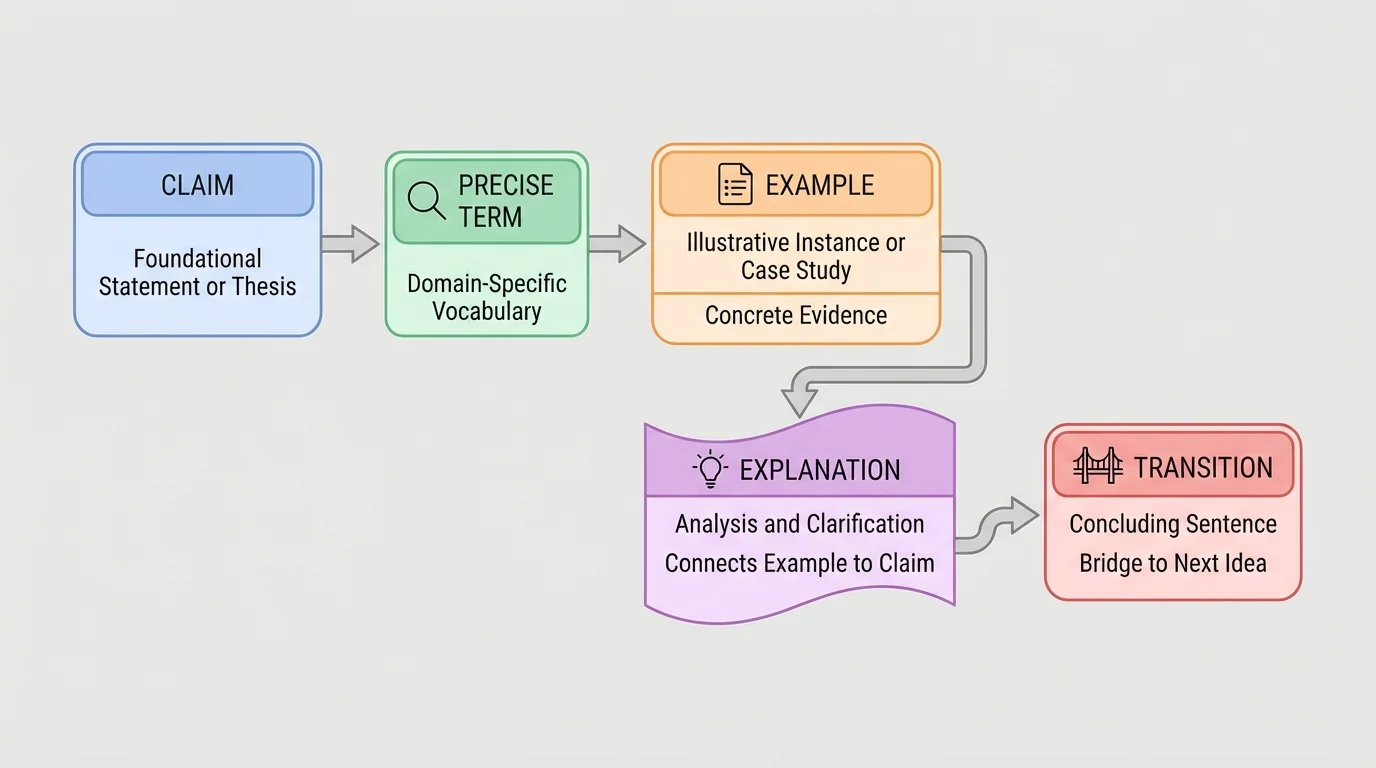 diagram of an explanatory paragraph labeled claim, precise term, example, explanation, and transition