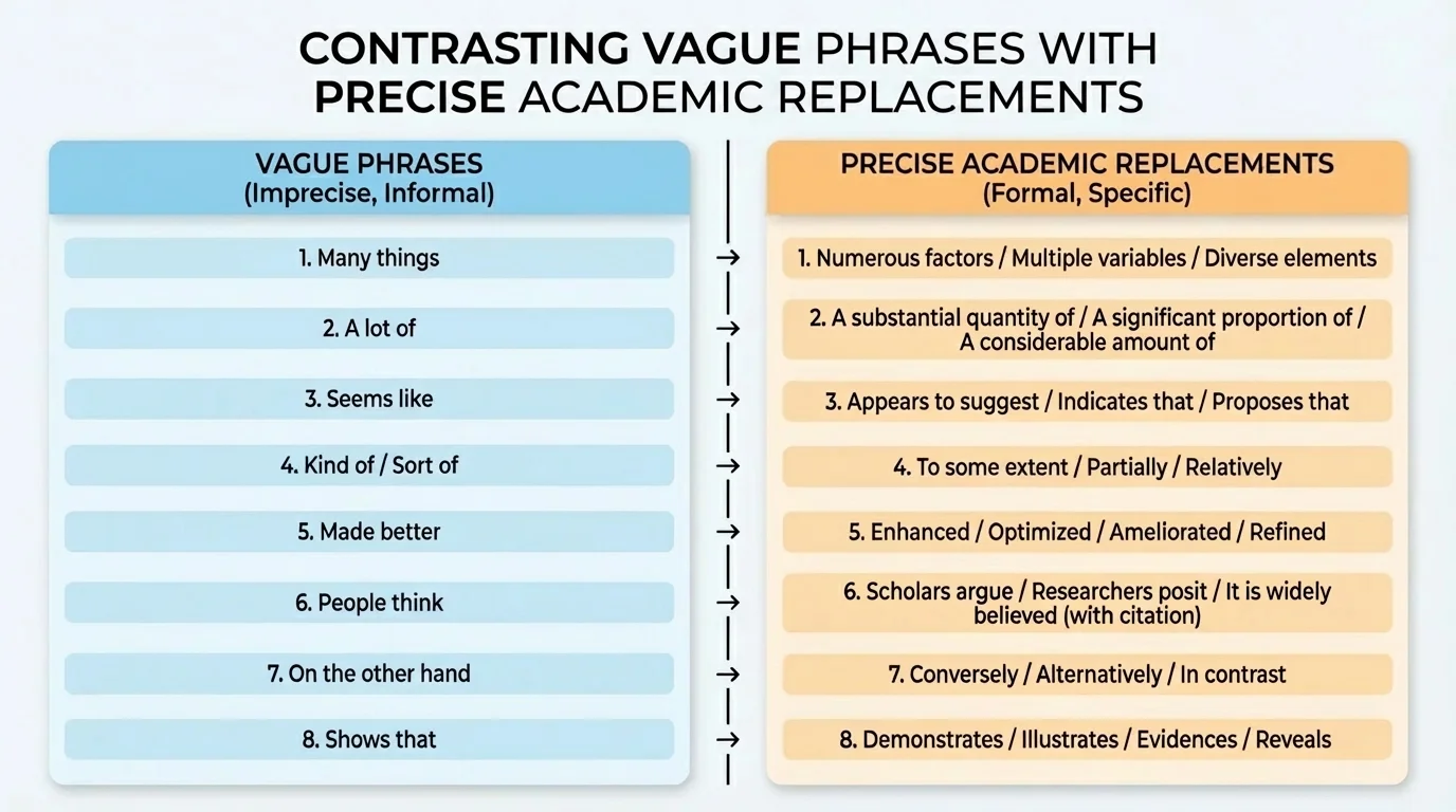 chart contrasting vague phrases with precise replacements in academic writing