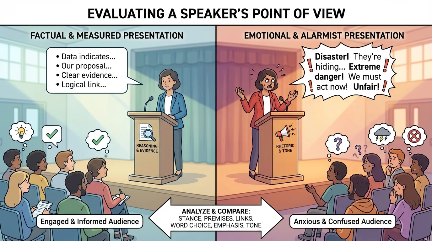 side-by-side classroom or public meeting scene with two speakers presenting the same school policy, one using calm factual wording and one using alarmist wording, with different audience reactions