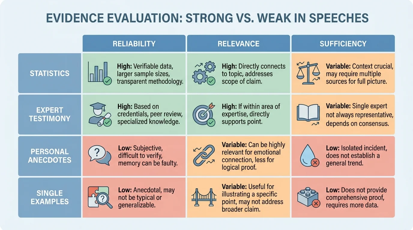 chart comparing strong and weak evidence in speeches, with rows for statistics, expert testimony, personal anecdote, and single example, and columns for reliability, relevance, and sufficiency