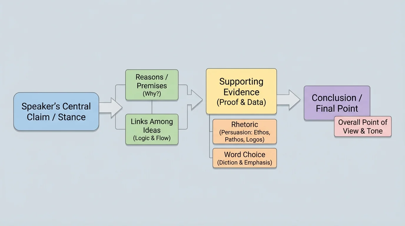 flowchart showing a spoken argument moving from a central claim to reasons, then to supporting evidence, and finally to a conclusion with arrows connecting each stage
