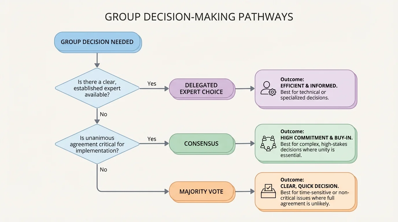 decision-making flowchart comparing when a group should use consensus, majority vote, or delegated expert choice