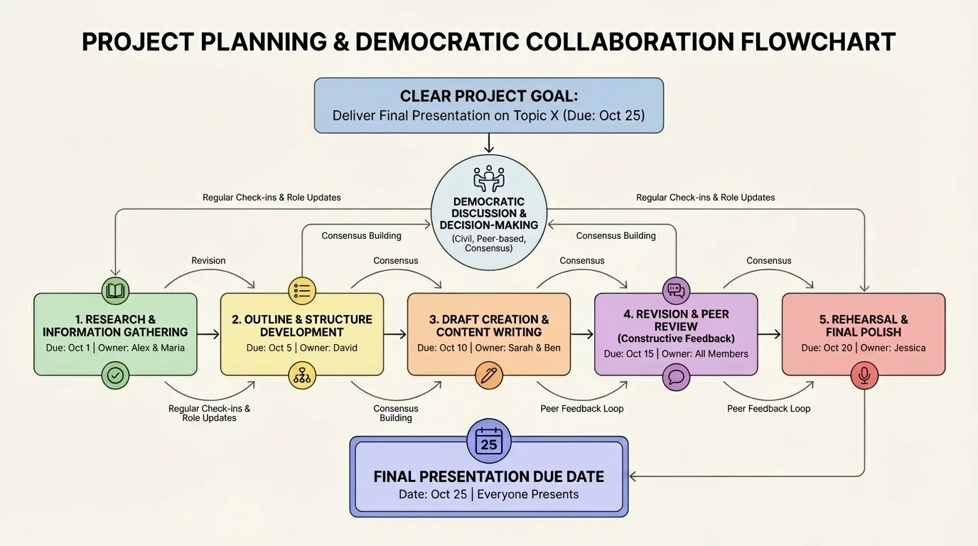 project planning flowchart with final presentation due date, earlier milestones for research, outline, draft, revision, and rehearsal, each with assigned owner