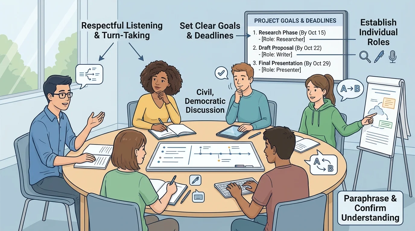students seated around a round table, one speaking while others take notes, one student paraphrasing, visible respectful listening cues and turn-taking