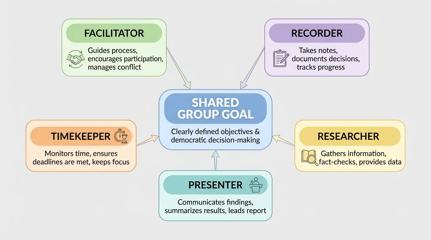 collaboration roles chart with five labeled boxes for facilitator, recorder, timekeeper, researcher, and presenter, each connected to shared group goal