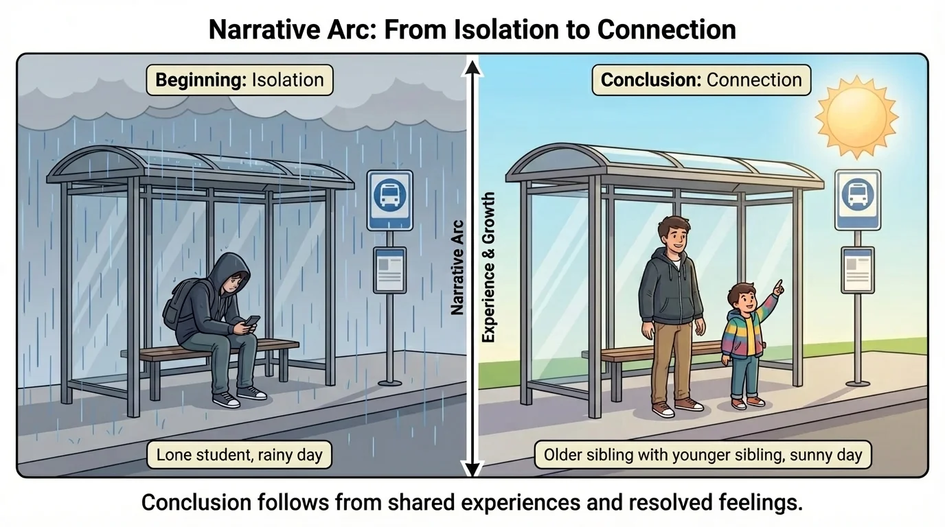 opening scene at a rainy bus stop with isolated student and ending scene at the same bus stop in sunlight with the student standing openly beside a younger sibling
