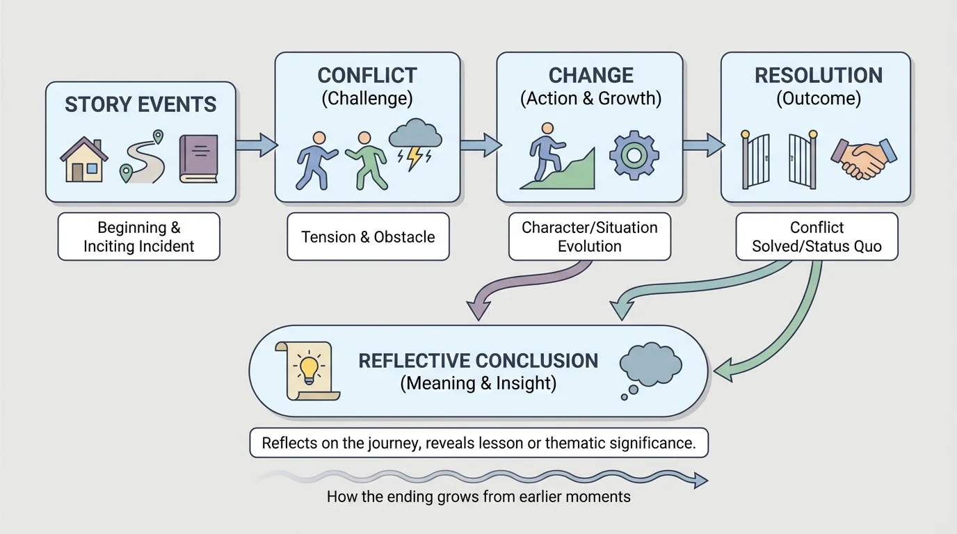 story events leading to conflict, change, resolution, and reflective conclusion with arrows showing how the ending grows from earlier moments