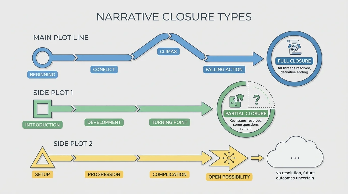 main plot line and two side plot lines ending with full closure, partial closure, and open possibility, labeled to compare types of narrative closure