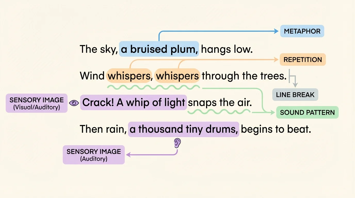 short poem layout with labels marking line break, metaphor, repetition, sound pattern, and sensory image
