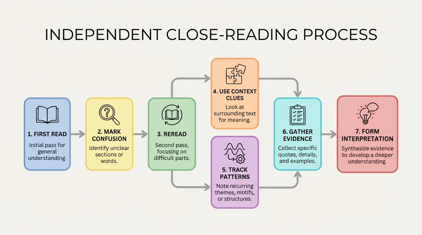 independent close-reading process from first read to mark confusion, reread, use context clues, track patterns, gather evidence, and form interpretation