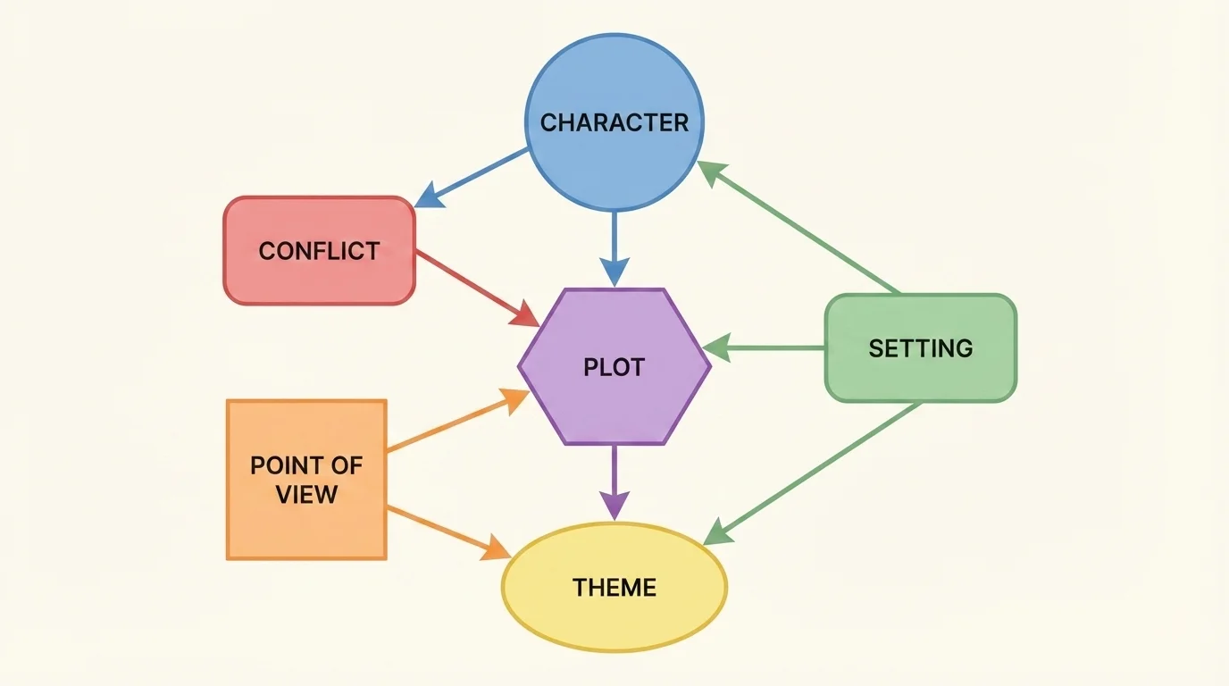 story map linking character, conflict, setting, point of view, plot, and theme with arrows showing how the elements influence one another