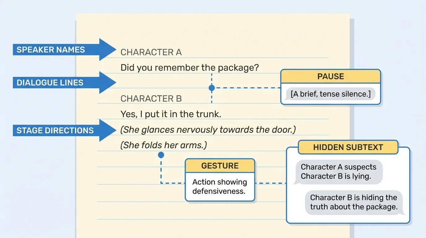 annotated play script page with labels for speaker names, dialogue lines, stage directions in italics, pause, gesture, and hidden subtext between two characters