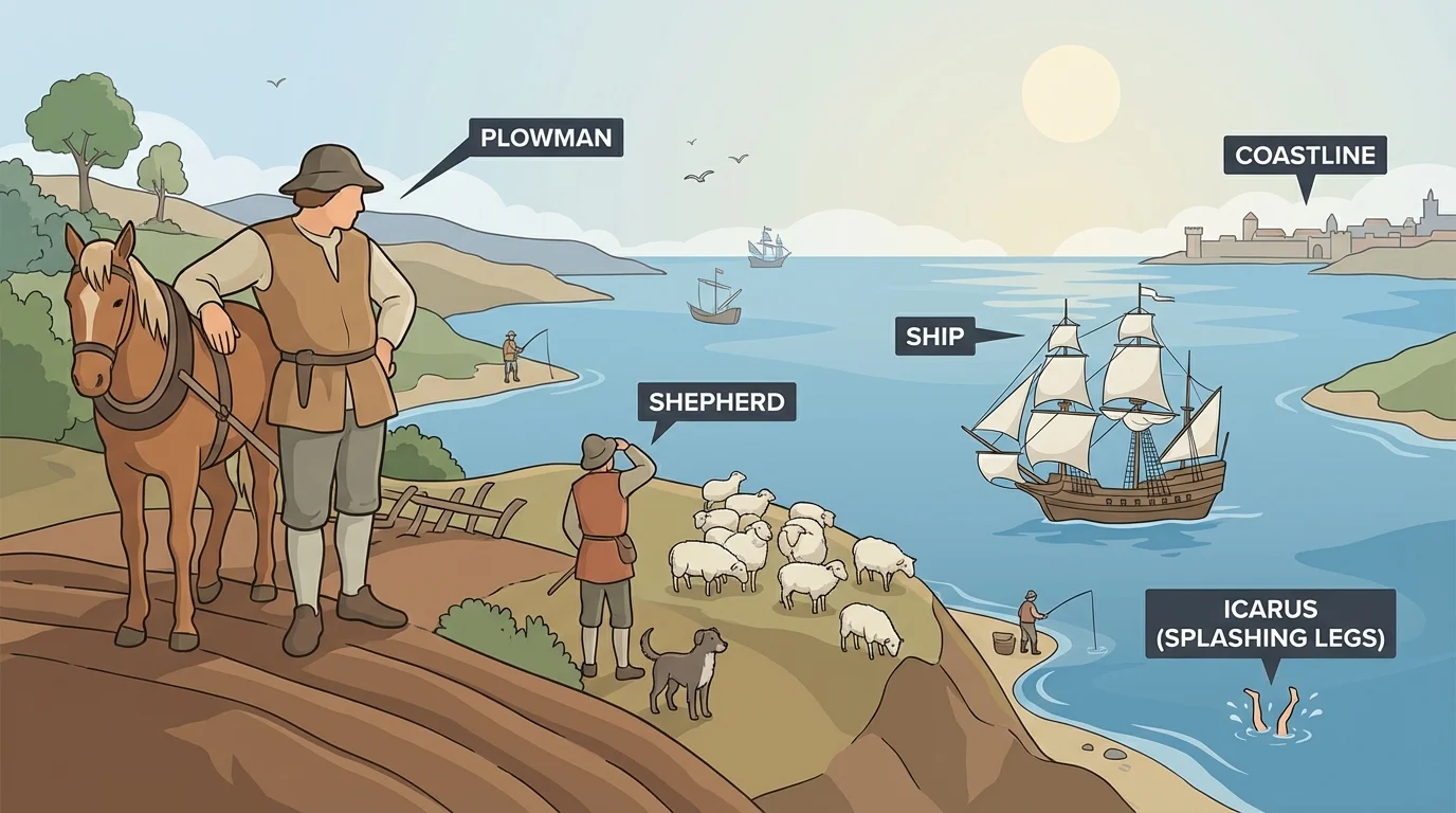 Painting-style landscape with large foreground plowman, nearby shepherd, ship on the sea, coastline, and tiny splashing legs of Icarus near the lower edge of the water