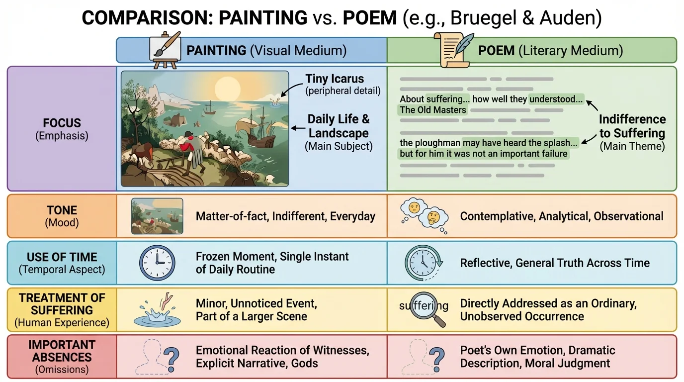 Two-column comparison chart labeled Painting and Poem with rows for focus, tone, use of time, treatment of suffering, and important absences