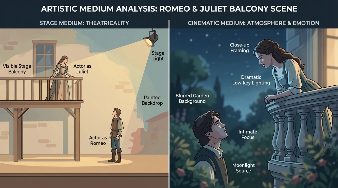 Split scene of Romeo and Juliet balcony moment, one side simple stage-style setting with visible balcony, the other side cinematic nighttime garden with close-up framing and dramatic lighting