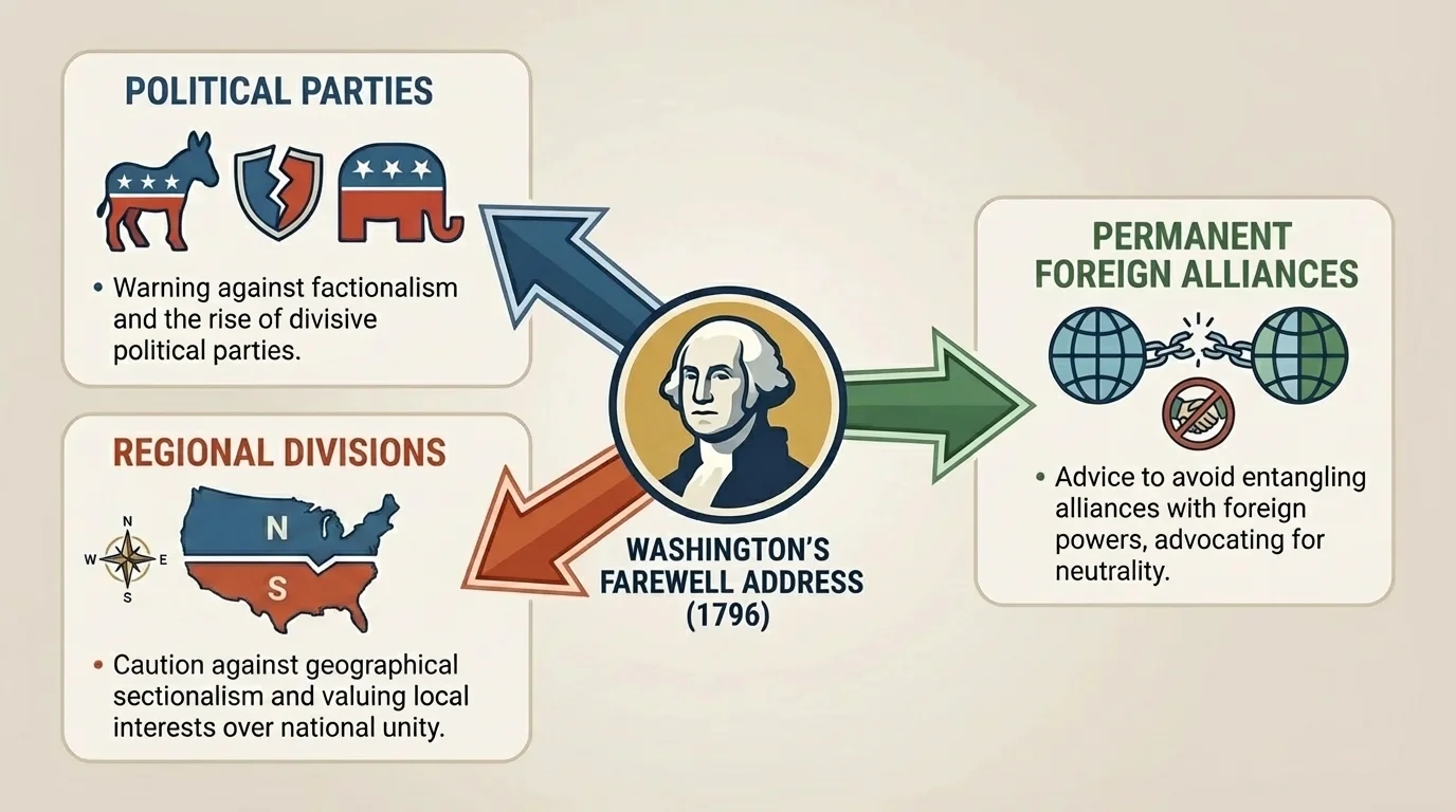 concept diagram with Washington at center and arrows to political parties, regional divisions, and permanent foreign alliances