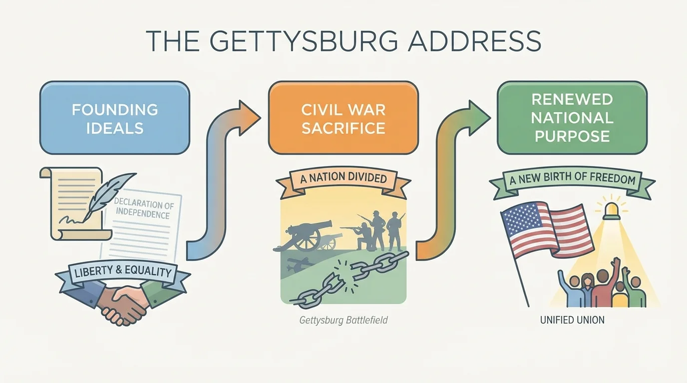 flowchart showing three-part movement of Gettysburg Address from founding ideals to Civil War sacrifice to renewed national purpose
