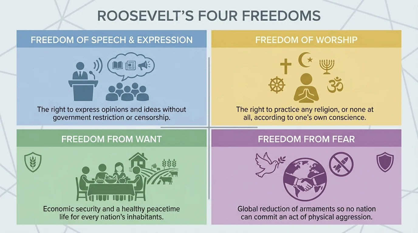 chart with four quadrants labeled freedom of speech, freedom of worship, freedom from want, and freedom from fear, each with a short civic meaning