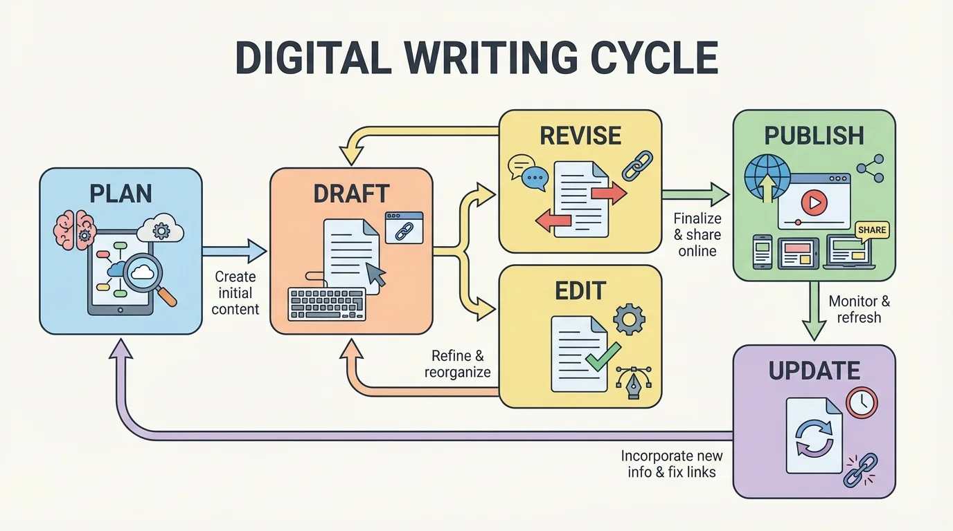 flowchart of the digital writing cycle with boxes labeled plan, draft, revise, edit, publish, update, and arrows looping back to earlier stages