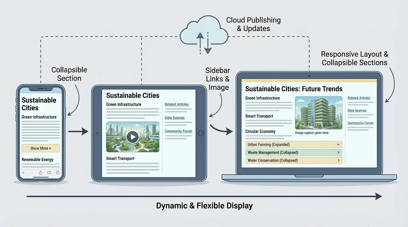 the same article displayed on a phone, tablet, and laptop with a title, headings, sidebar links, image, and collapsible content sections