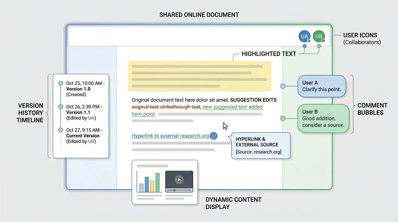 shared online document with highlighted text, comment bubbles in the margin, suggestion edits, two user icons, and a version history timeline on the side