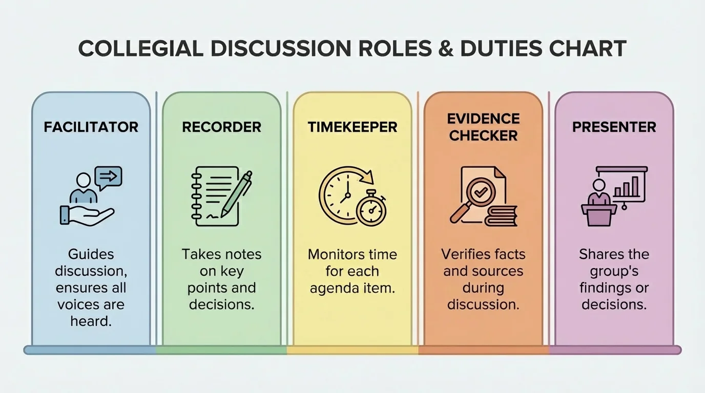 Role chart listing facilitator, recorder, timekeeper, evidence checker, and presenter with one short duty each