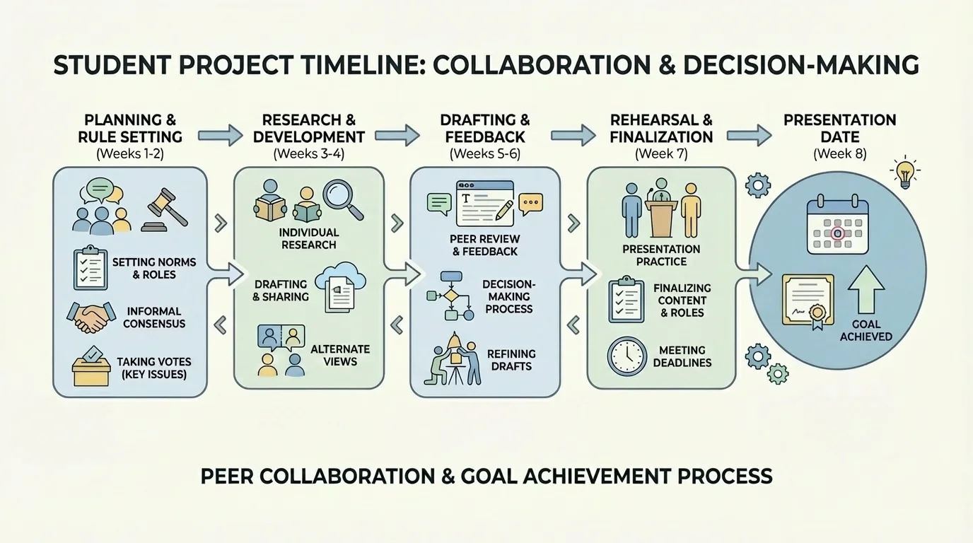 Student project timeline with milestones for planning, research, drafting, rehearsal, and presentation date