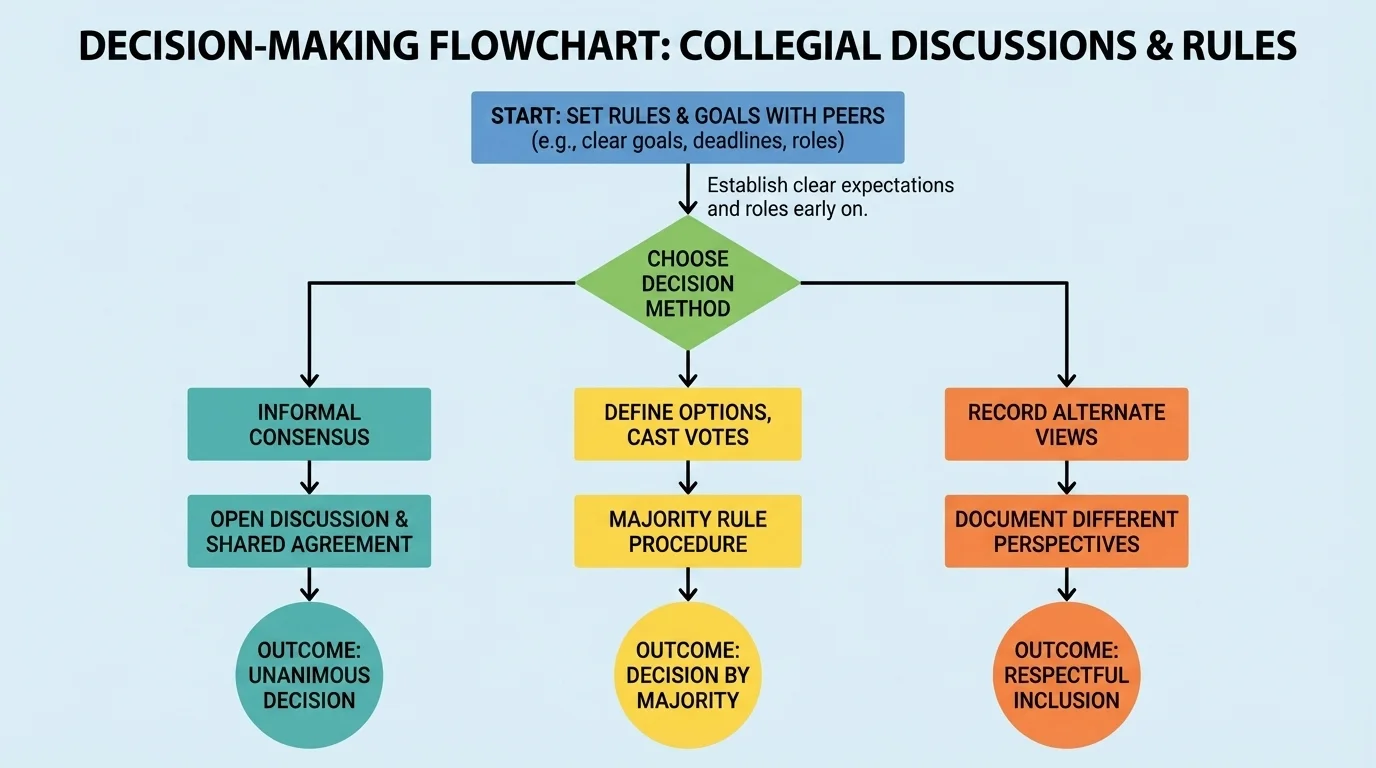 Decision-making flowchart with branches for consensus, vote on key issue, and recording alternate views