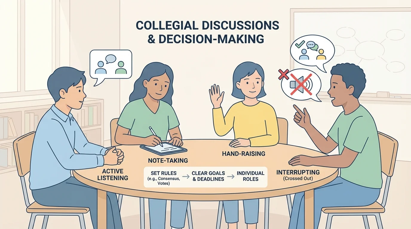 Students in a small-group discussion showing active listening, note-taking, hand-raising, and one student interrupting crossed out
