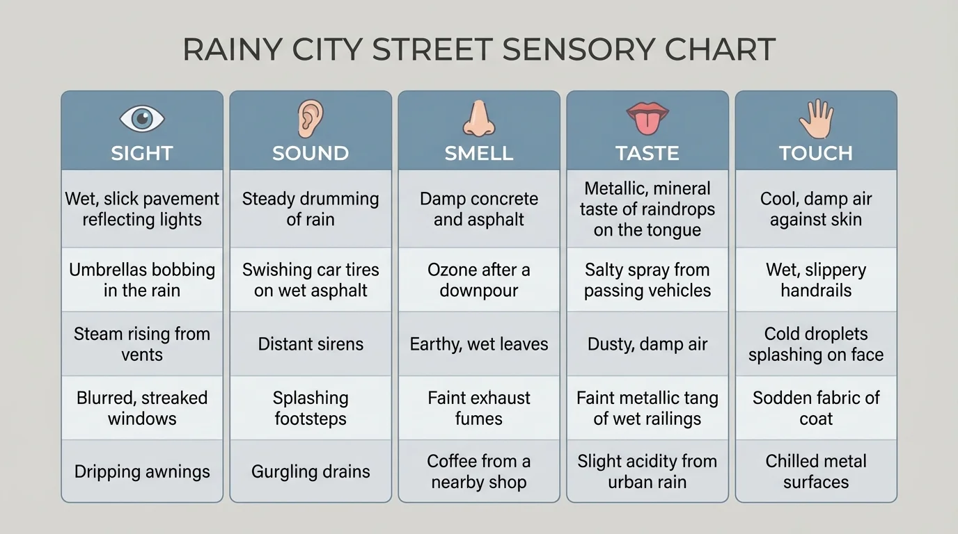 Five-column sensory chart for a rainy city street with concise examples under sight, sound, smell, taste, and touch